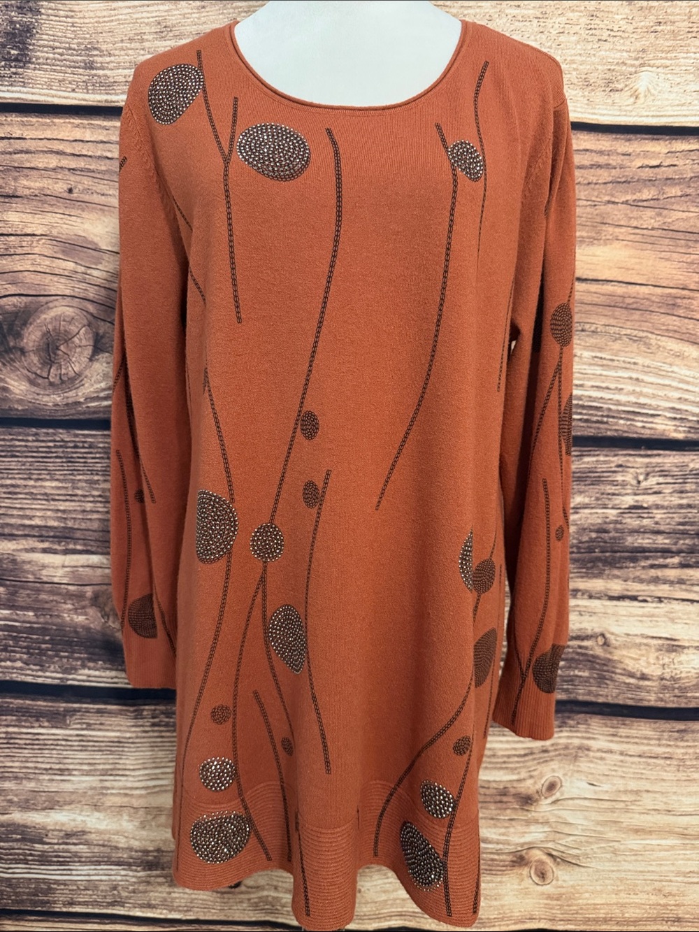 Papillon Blanc Rust Orange Long Sleeve Tunic with Studded Floral Accents